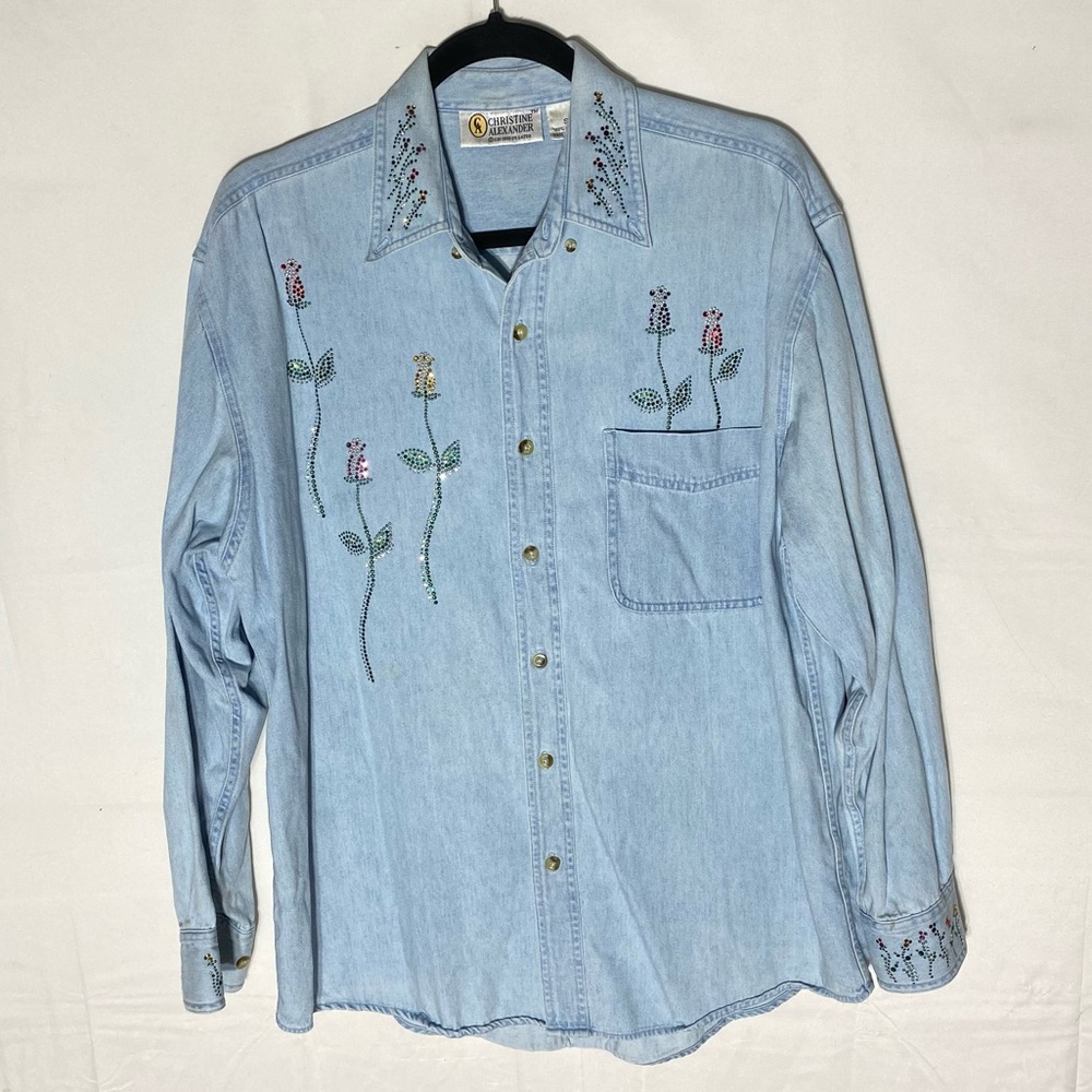 Vintage Christine Alexander Denim Shirt W Rhinestone Flowers S Festival Stampede